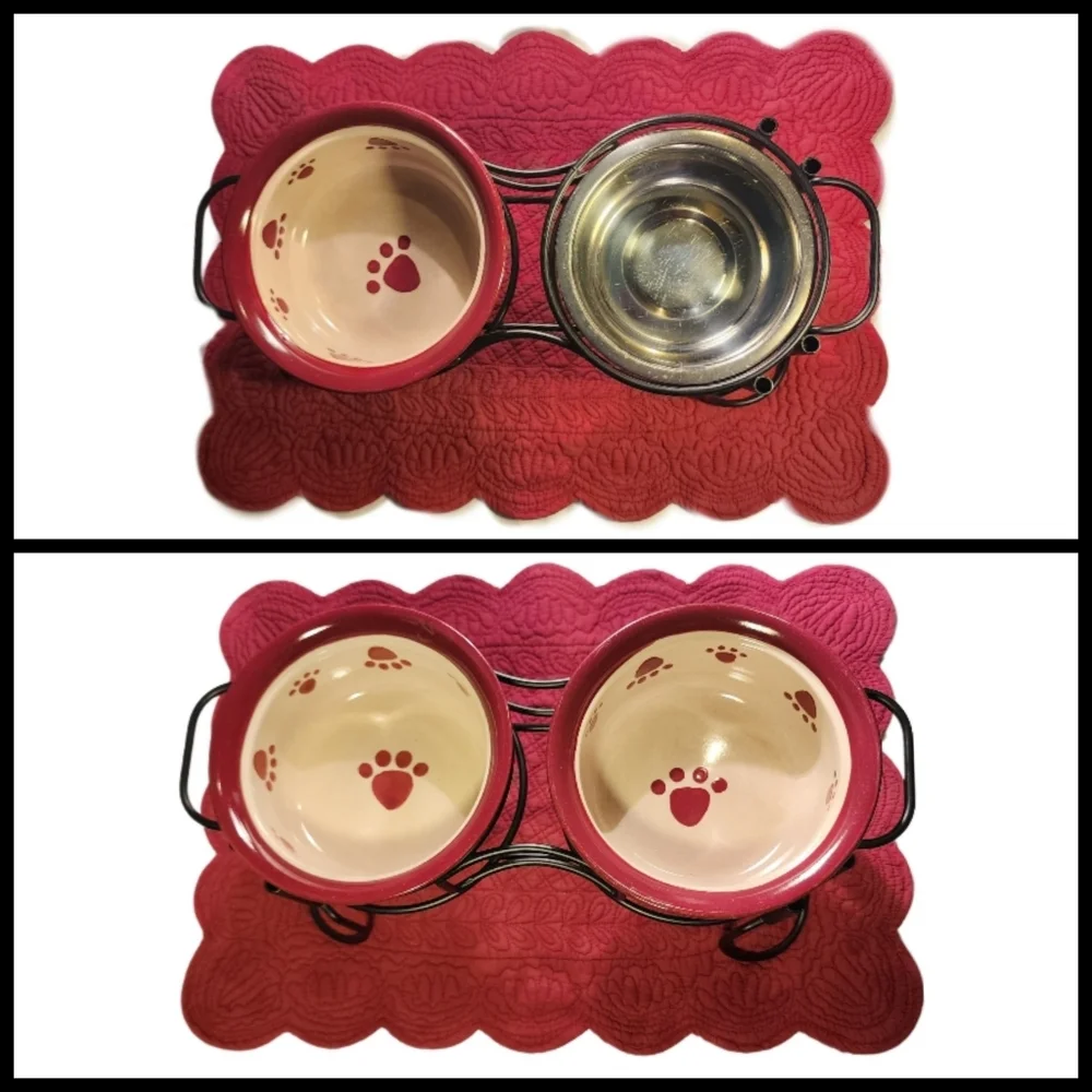 6-Pc Wrought Iron Pet Feeder w/ 4 Ceramic Pawprint Bowls & 1 Stainless Steel